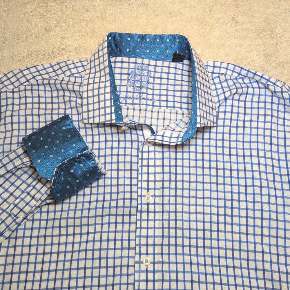 English Laundry Dress Mens Shirt Blue Plaid Flip Cuff Long Sleeve 18 36/37